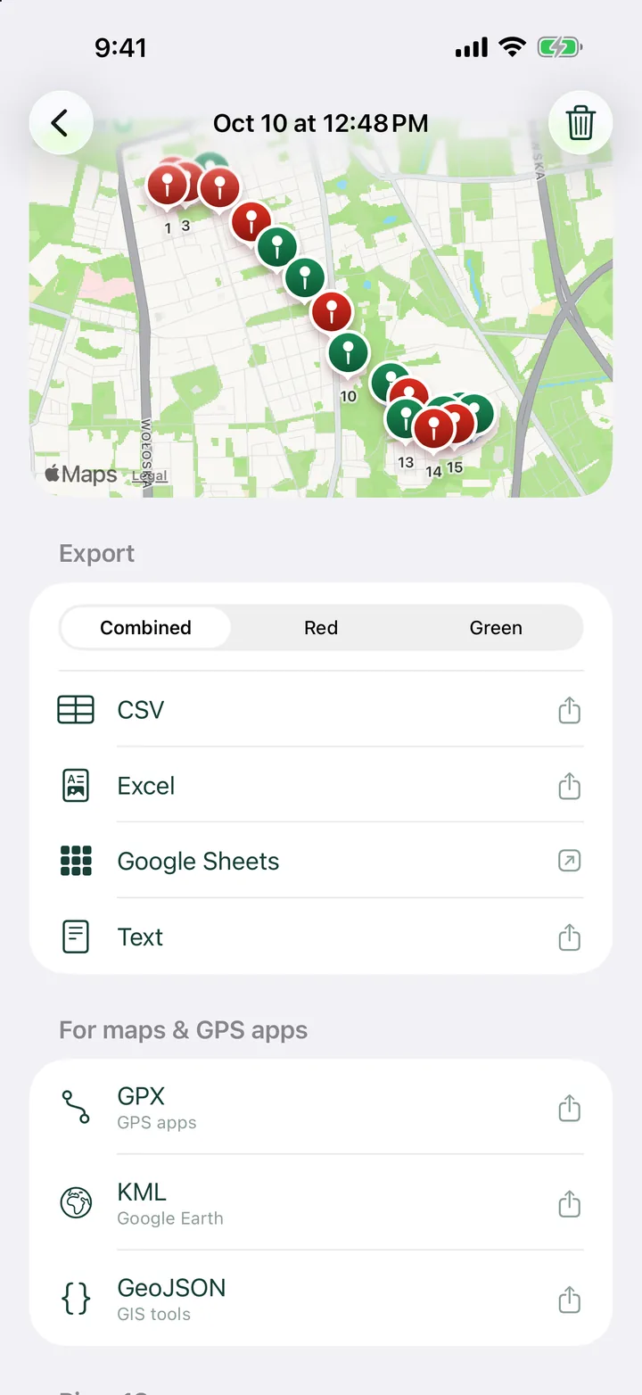 Finished trip on a map with export options