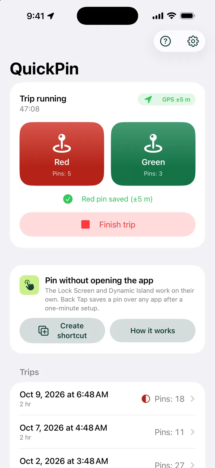 Two lists with red and green pin buttons