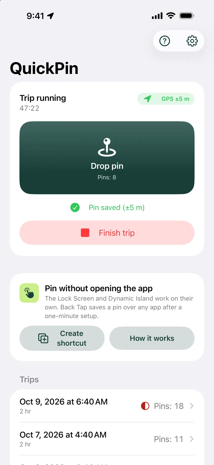 QuickPin with a trip running and a large Drop pin button