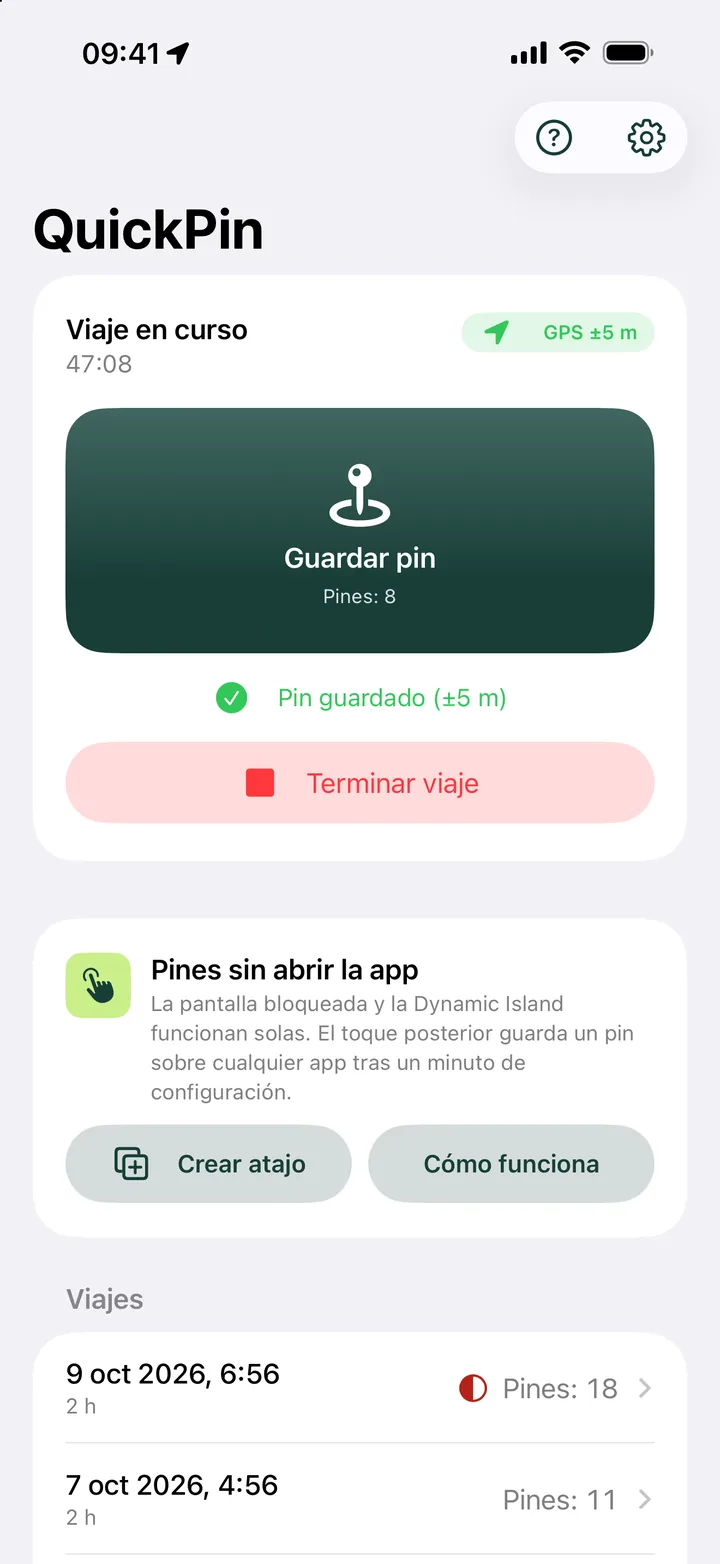 QuickPin con un viaje en marcha y un gran botón Guardar pin